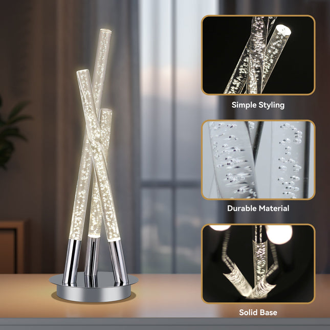 Mina LED Table Lamp Modern Three-Bar Desk Light with Chrome Finish.