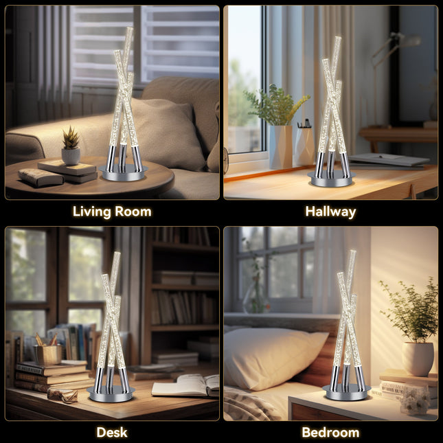 Mina LED Table Lamp Modern Three-Bar Desk Light with Chrome Finish.