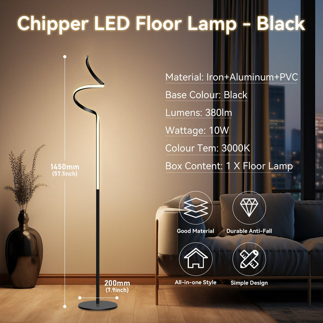 Chipper LED Floor Lamp Black Chrome Modern Stylish Lighting.