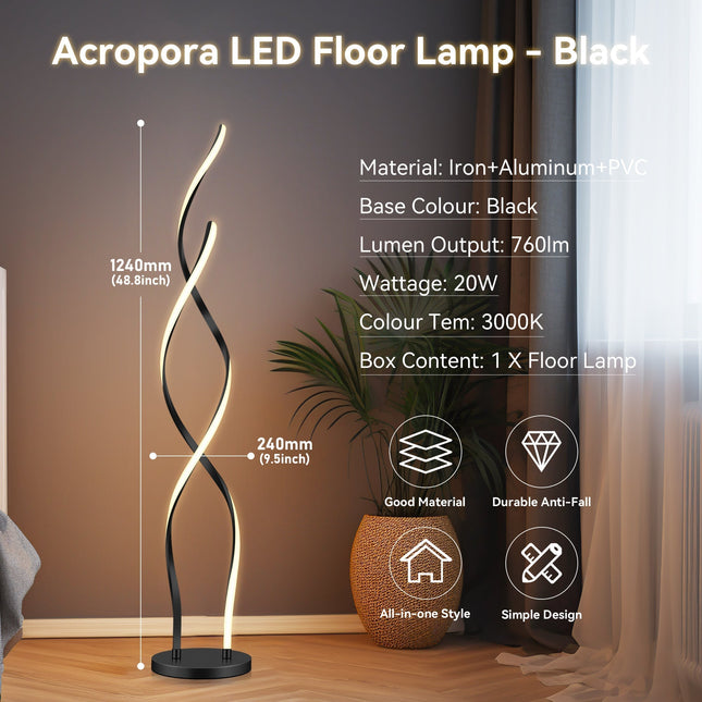 Acropora LED Floor Lamp Gold Black Modern Swirl Design for Living Room.