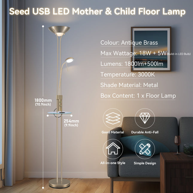 Seed USB LED Mother & Child Floor Lamp Black Satin Chrome Antique Brass