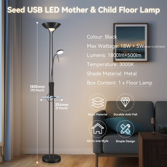 Seed USB LED Mother & Child Floor Lamp Black Satin Chrome Antique Brass.