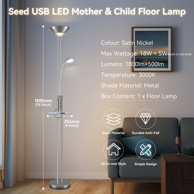 Seed USB LED Mother & Child Floor Lamp Black Satin Chrome Antique Brass.