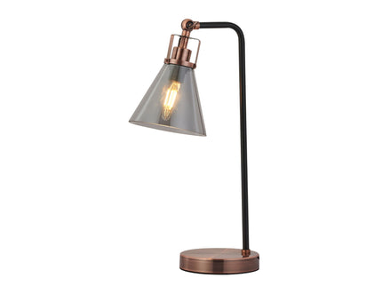 Conea Table Lamp with Smoky Glass Shade and Antique Copper Finish.