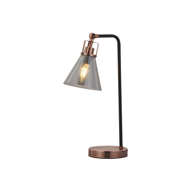Conea Table Lamp with Smoky Glass Shade and Antique Copper Finish.