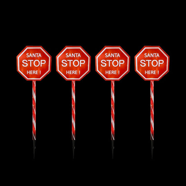 Set of 4 LED Santa Stop Here Connectable Stakes