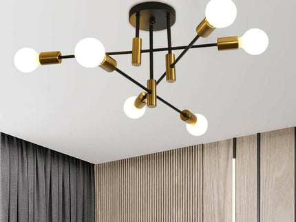 Mid Century Chandelier Modern 6-Light Black and Gold Ceiling Light.