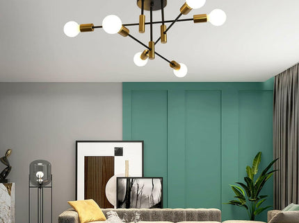 Mid Century Chandelier Modern 6-Light Black and Gold Ceiling Light.