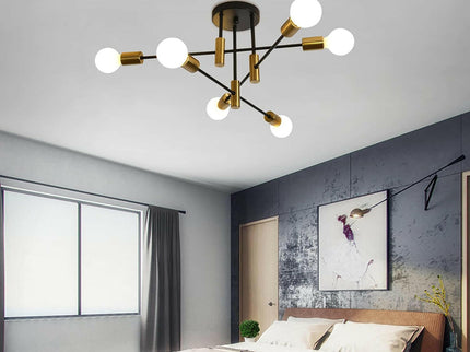 Mid Century Chandelier Modern 6-Light Black and Gold Ceiling Light.