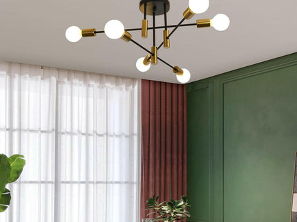 Mid Century Chandelier Modern 6-Light Black and Gold Ceiling Light.