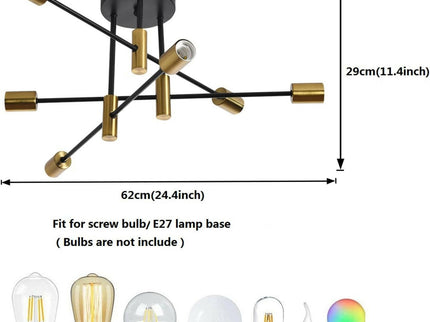 Mid Century Chandelier Modern 6-Light Black and Gold Ceiling Light.