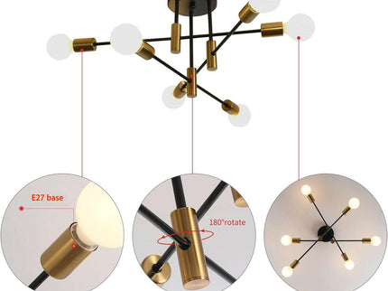 Mid Century Chandelier Modern 6-Light Black and Gold Ceiling Light.