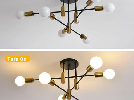 Mid Century Chandelier Modern 6-Light Black and Gold Ceiling Light.