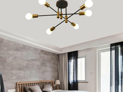 Mid Century Chandelier Modern 6-Light Black and Gold Ceiling Light.