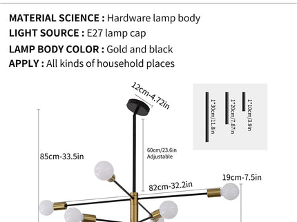 Sputnik Chandelier Modern Industrial 8-Light Black Gold Stylish Ceiling Light