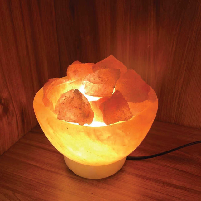 12V 12W Fire Bowl Himalayan Pink Salt Lamp with Carved Rock Crystal Light Bulb.