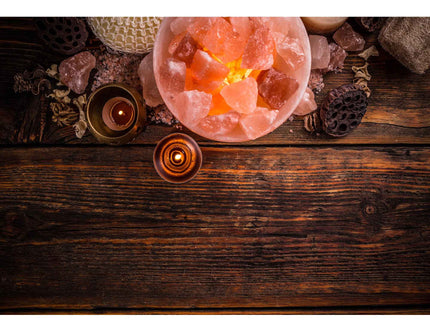 12V 12W Fire Bowl Himalayan Pink Salt Lamp with Carved Rock Crystal Light Bulb.