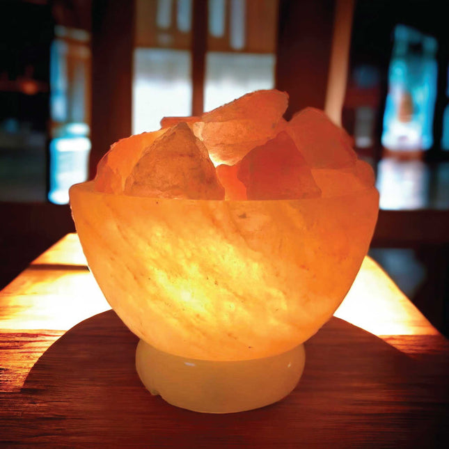 12V 12W Fire Bowl Himalayan Pink Salt Lamp with Carved Rock Crystal Light Bulb.