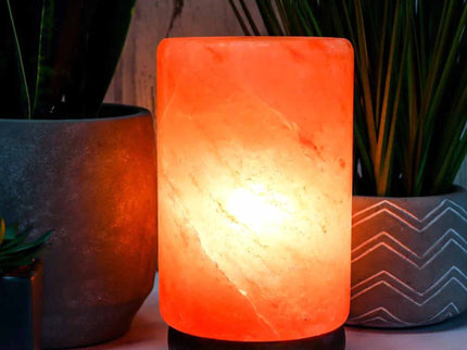 USB Himalayan Salt Lamp Cylinder Carved Shape Pink Crystal Rock LED Light for Home Office.