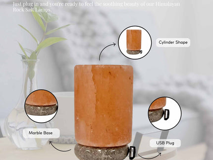 USB Himalayan Salt Lamp Cylinder Carved Shape Pink Crystal Rock LED Light for Home Office.