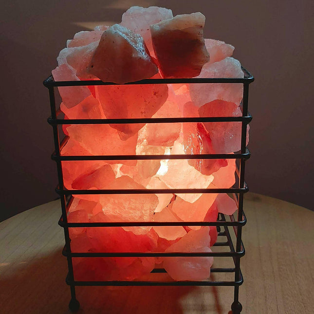 12V 12W Rectangle Iron Basket Himalayan Pink Salt Lamp Rock Crystal Bulb On Off.