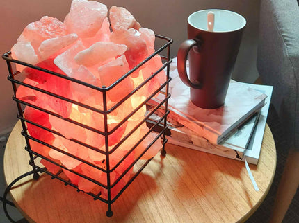 12V 12W Rectangle Iron Basket Himalayan Pink Salt Lamp Rock Crystal Bulb On Off.