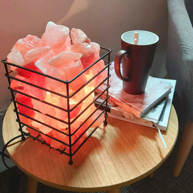 12V 12W Rectangle Iron Basket Himalayan Pink Salt Lamp Rock Crystal Bulb On Off.
