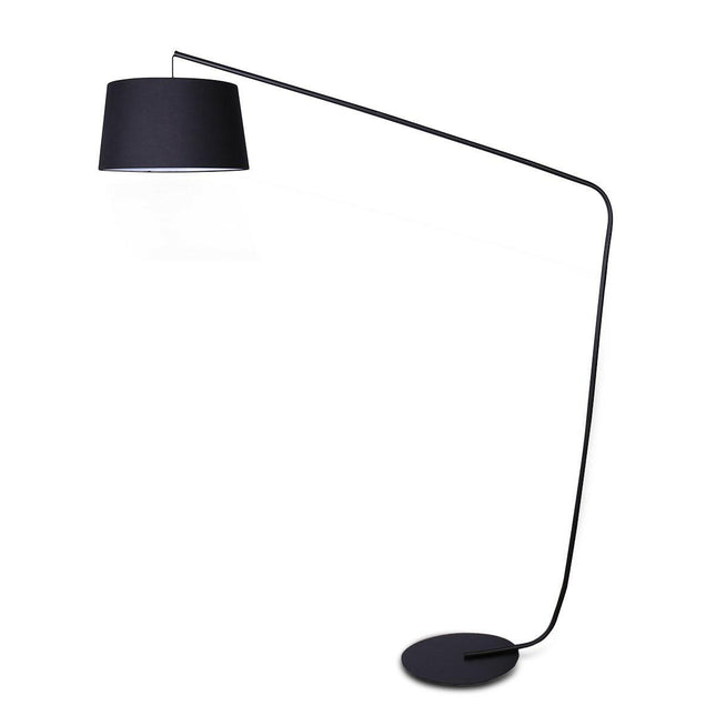 Sarantino Metal Arc Floor Lamp in Black Finish with Linen Taper Shade.