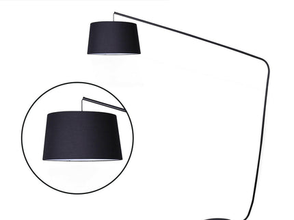 Sarantino Metal Arc Floor Lamp in Black Finish with Linen Taper Shade.