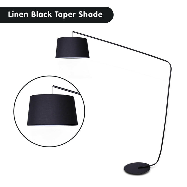 Sarantino Metal Arc Floor Lamp in Black Finish with Linen Taper Shade.