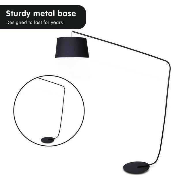 Sarantino Metal Arc Floor Lamp in Black Finish with Linen Taper Shade.