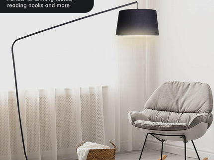 Sarantino Metal Arc Floor Lamp in Black Finish with Linen Taper Shade.