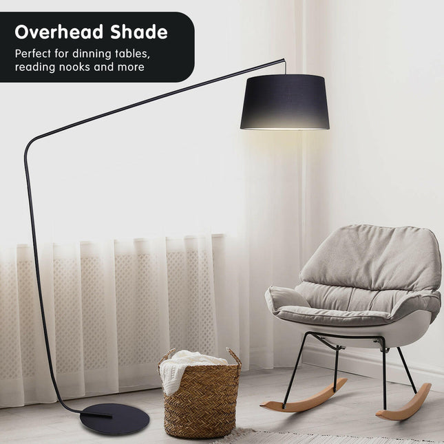 Sarantino Metal Arc Floor Lamp in Black Finish with Linen Taper Shade.