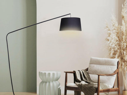 Sarantino Metal Arc Floor Lamp in Black Finish with Linen Taper Shade.