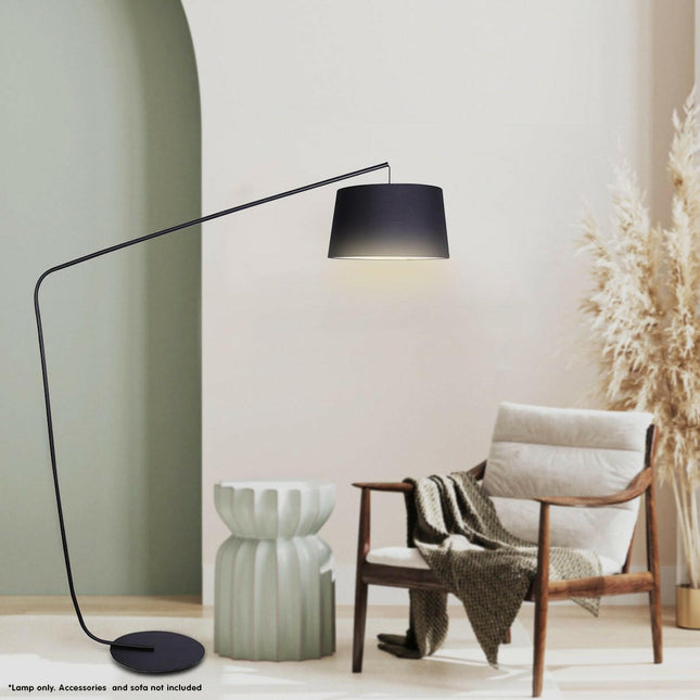 Sarantino Metal Arc Floor Lamp in Black Finish with Linen Taper Shade.