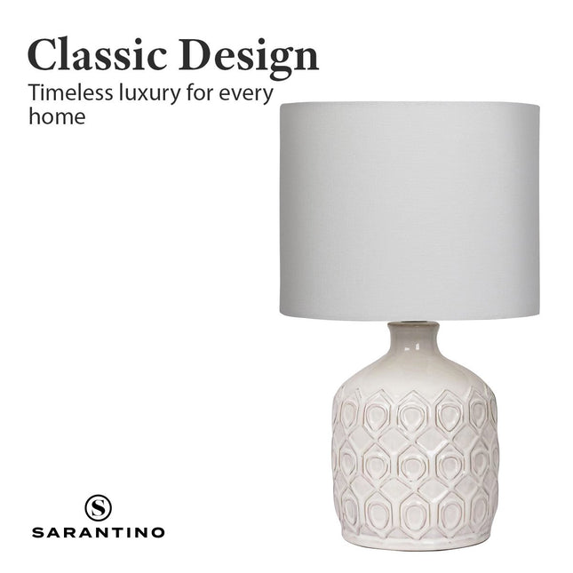 Sarantino Ceramic Table Lamp In Cream with Antique Pattern.