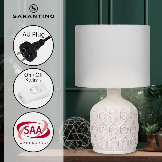 Sarantino Ceramic Table Lamp In Cream with Antique Pattern.