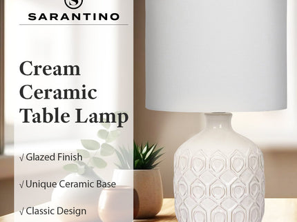 Sarantino Ceramic Table Lamp In Cream with Antique Pattern.