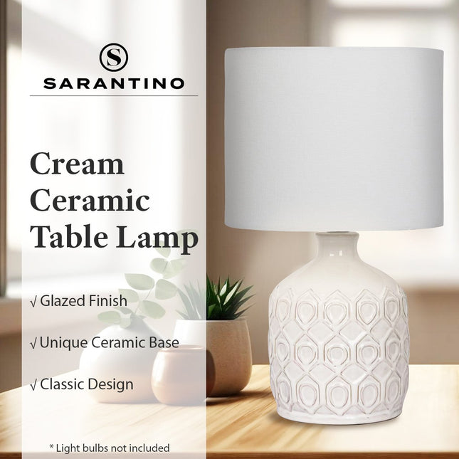 Sarantino Ceramic Table Lamp In Cream with Antique Pattern.