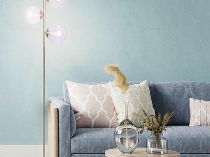 Sarantino 3-Light Gold Metal Floor Lamp with Glass Shades for Living Rooms.