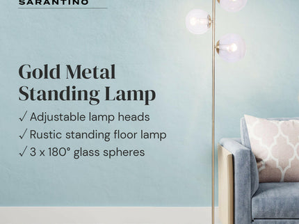 Sarantino 3-Light Gold Metal Floor Lamp with Glass Shades for Living Rooms.