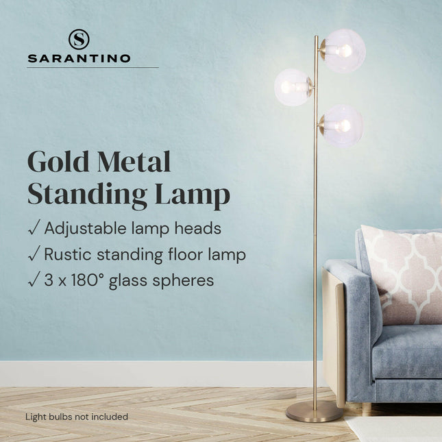 Sarantino 3-Light Gold Metal Floor Lamp with Glass Shades for Living Rooms.