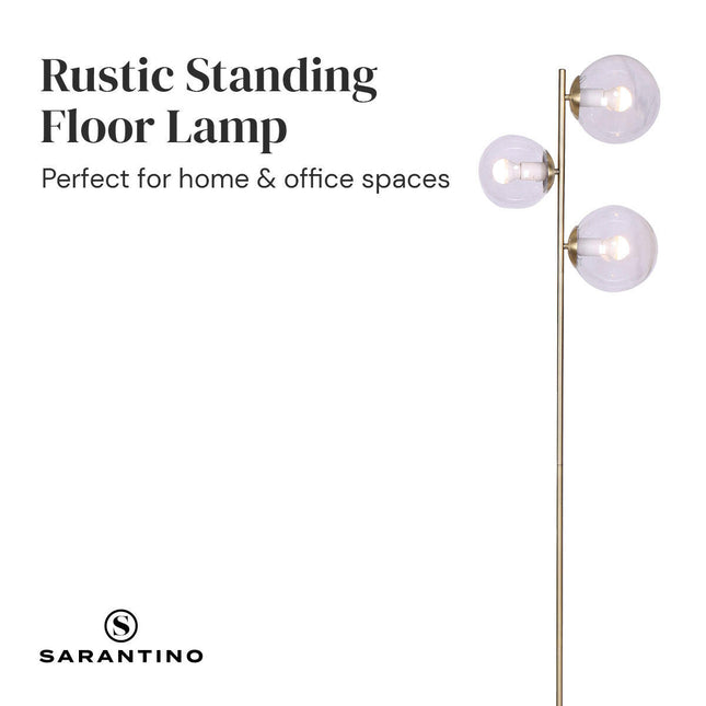 Sarantino 3-Light Gold Metal Floor Lamp with Glass Shades for Living Rooms.