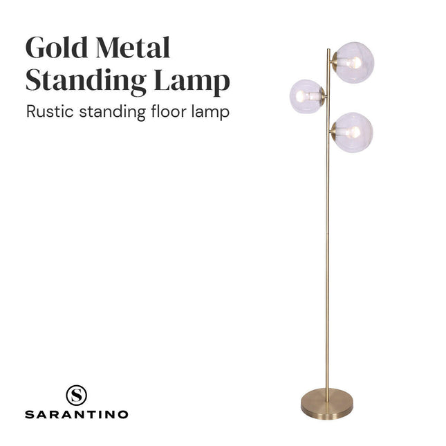 Sarantino 3-Light Gold Metal Floor Lamp with Glass Shades for Living Rooms.