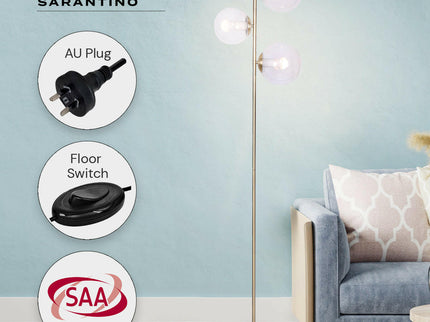 Sarantino 3-Light Gold Metal Floor Lamp with Glass Shades for Living Rooms.