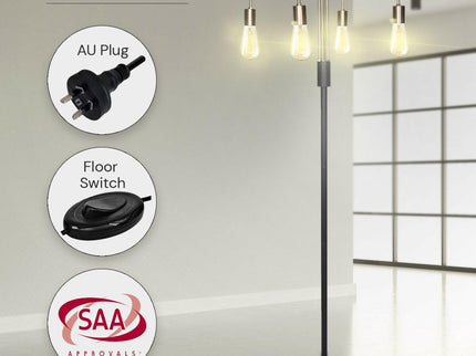 Sarantino Modern Exposed Bulb 4-Arm Industrial Light Floor Lamp.