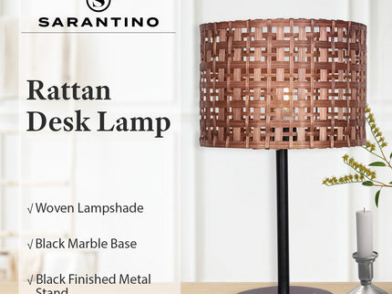 Sarantino Rattan Desk Lamp With Black Marble Base for Home Office.