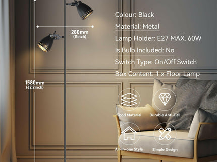 Audrey Floor Lamp Black Modern Adjustable Metal Lighting for Home.