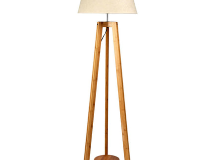 155cm Large Bamboo Wooden Tripod Floor Lamp with Beige Linen Light Shade.