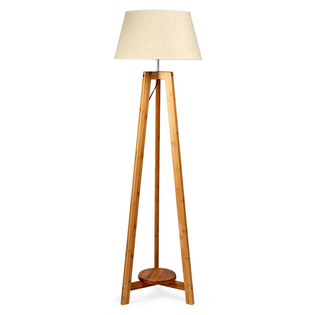155cm Large Bamboo Wooden Tripod Floor Lamp with Beige Linen Light Shade.